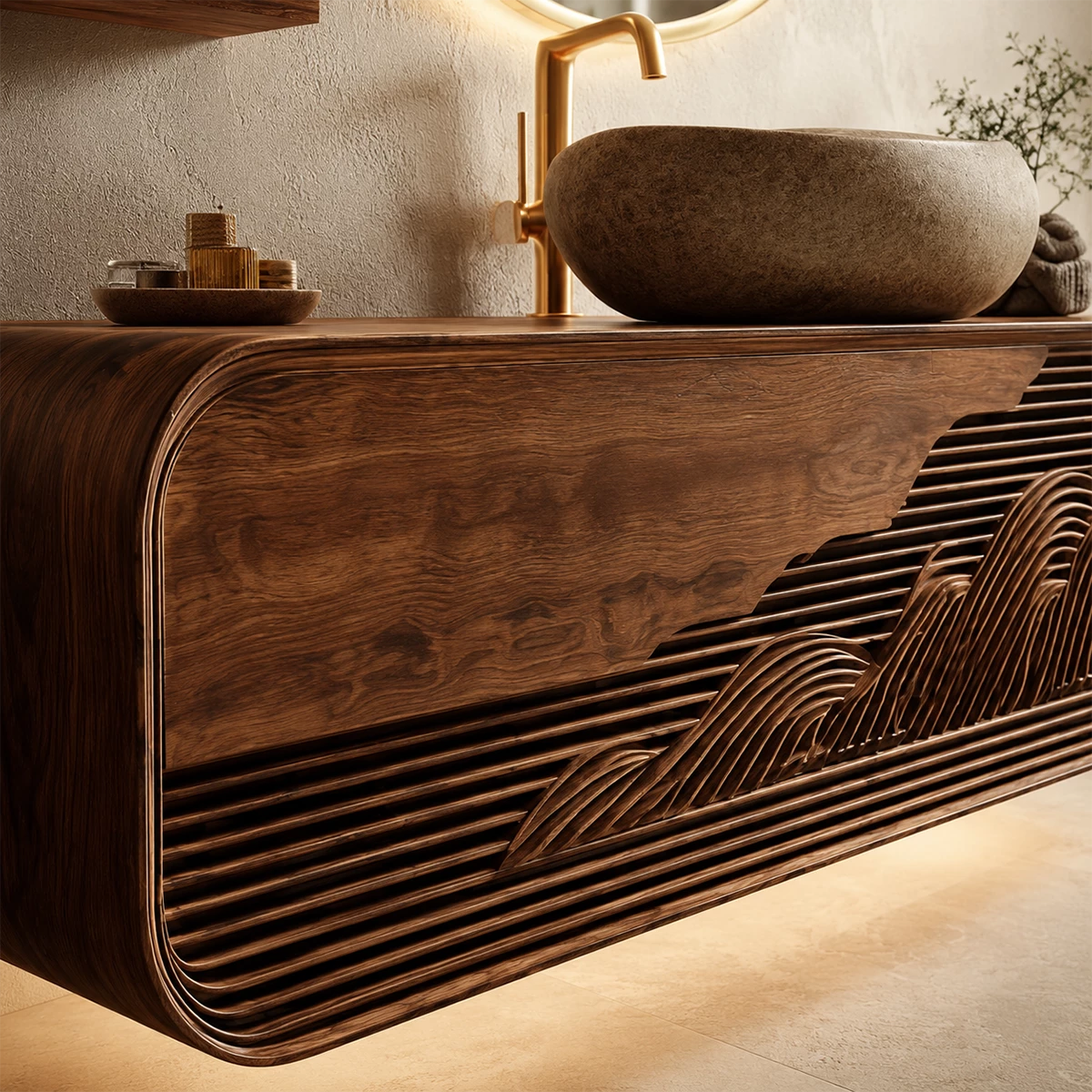 Bathroom Vanity with Sculptural Fluted Design in Natural Solid Wood - Elitegemse - 1