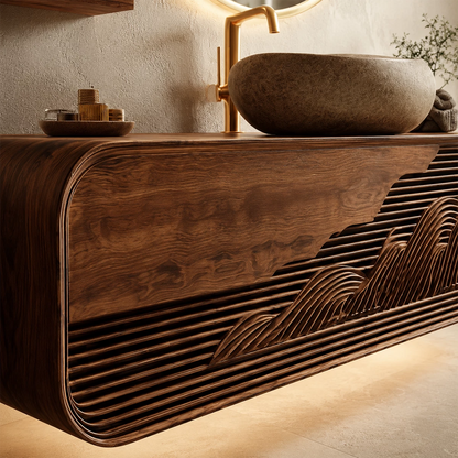 Bathroom Vanity with Sculptural Fluted Design in Natural Solid Wood - Elitegemse - 1
