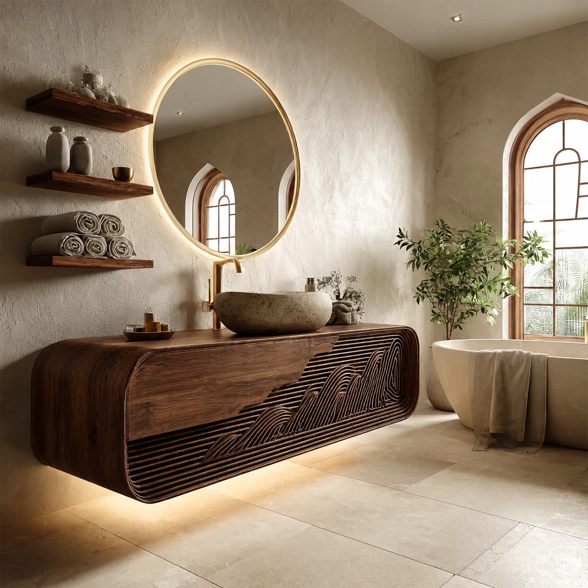 Bathroom Vanity with Sculptural Fluted Design in Natural Solid Wood - Elitegemse - 10