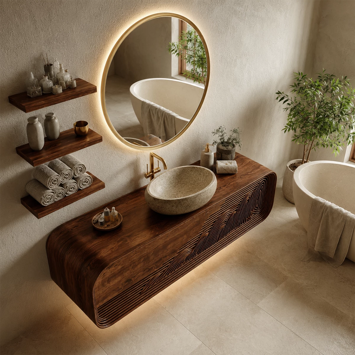 Bathroom Vanity with Sculptural Fluted Design in Natural Solid Wood - Elitegemse - 2
