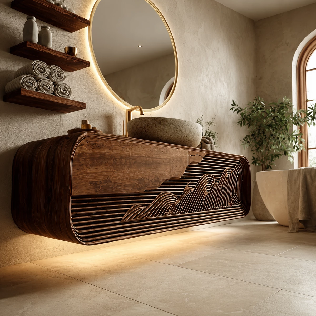 Bathroom Vanity with Sculptural Fluted Design in Natural Solid Wood - Elitegemse - 3