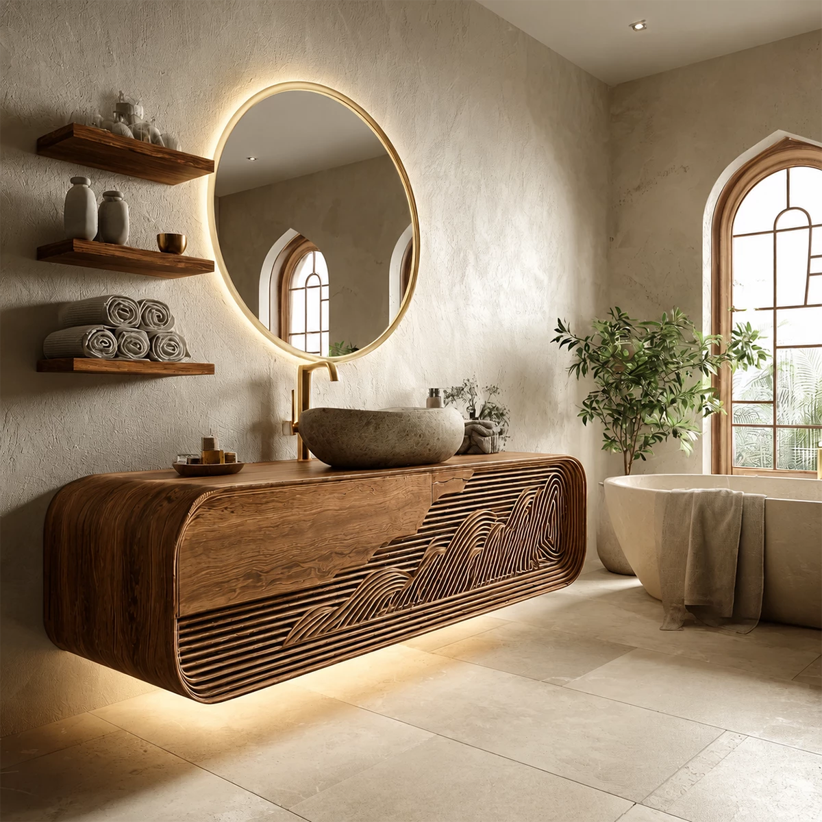 Bathroom Vanity with Sculptural Fluted Design in Natural Solid Wood - Elitegemse - 4