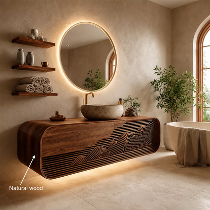 Bathroom Vanity with Sculptural Fluted Design in Natural Solid Wood - Elitegemse - 5