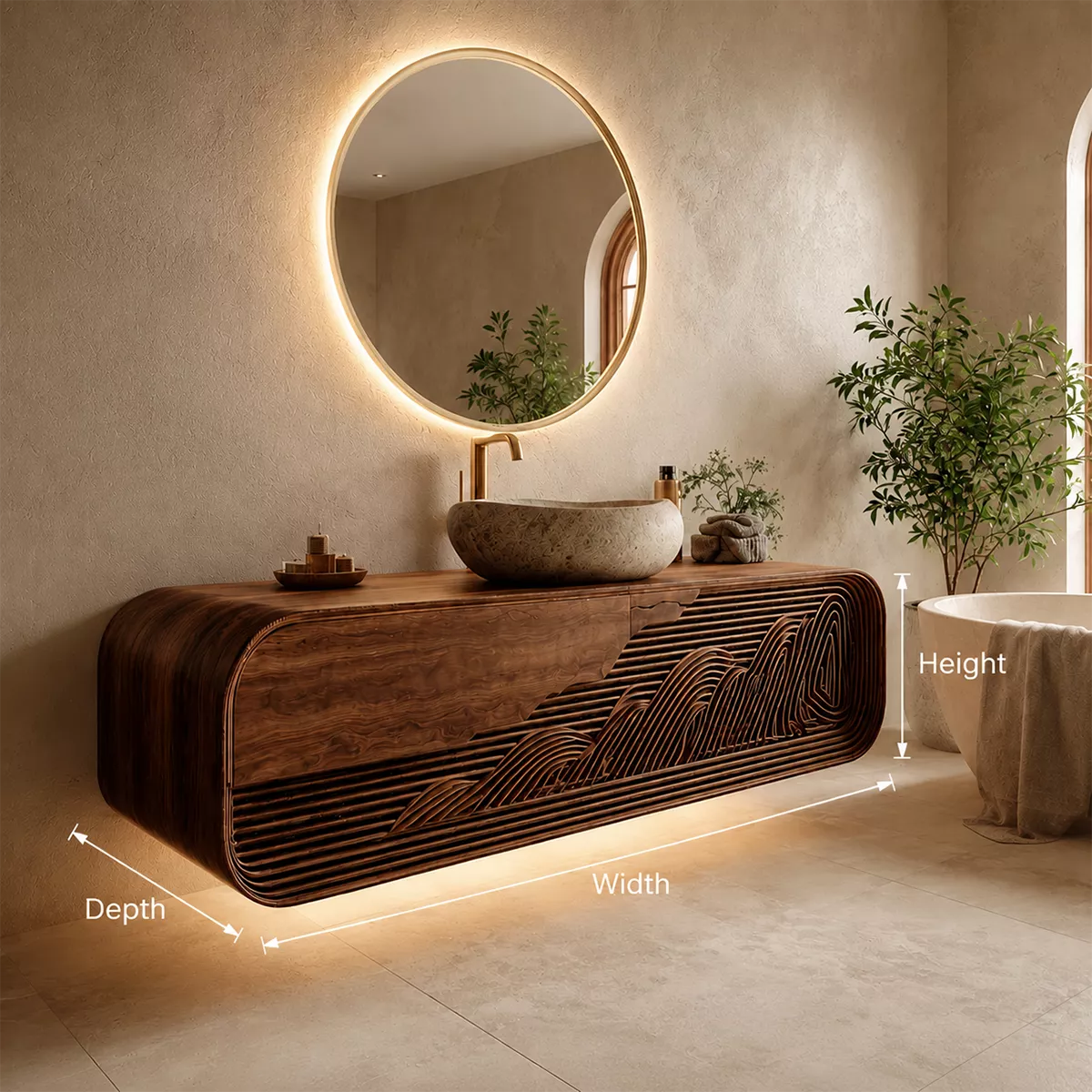 Bathroom Vanity with Sculptural Fluted Design in Natural Solid Wood - Elitegemse - 6