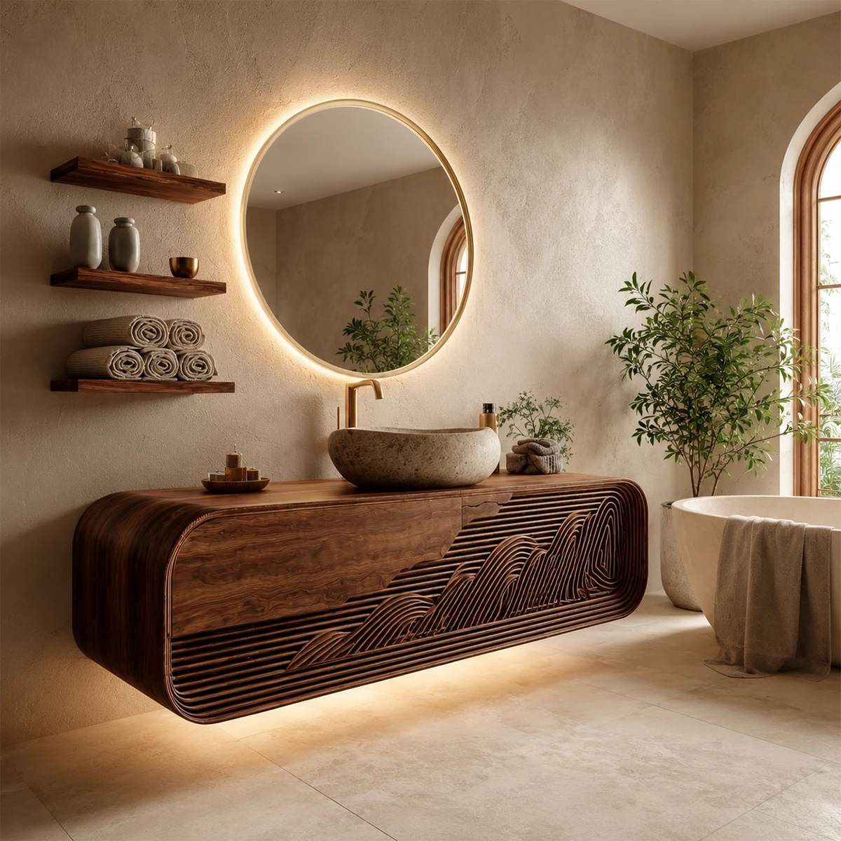 Bathroom Vanity with Sculptural Fluted Design in Natural Solid Wood - Elitegemse - 7