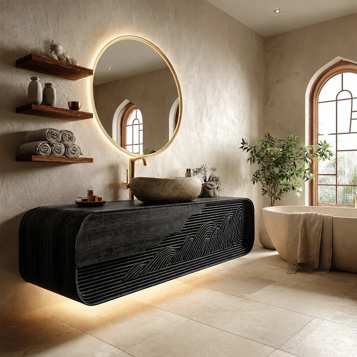 Bathroom Vanity with Sculptural Fluted Design in Natural Solid Wood - Elitegemse - 8