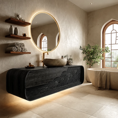 Bathroom Vanity with Sculptural Fluted Design in Natural Solid Wood - Elitegemse - 8