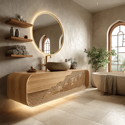 Bathroom Vanity with Sculptural Fluted Design in Natural Solid Wood - Elitegemse - 9