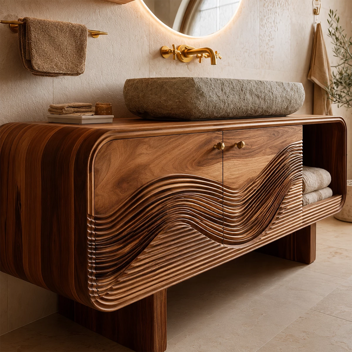 Bathroom Vanity with Sculptural Wave Cabinet in Natural Solid Wood - Elitegemse - 1