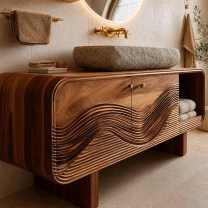 Bathroom Vanity with Sculptural Wave Cabinet in Natural Solid Wood - Elitegemse - 1
