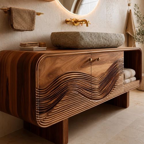 Bathroom Vanity with Sculptural Wave Cabinet in Natural Solid Wood - Elitegemse - 1