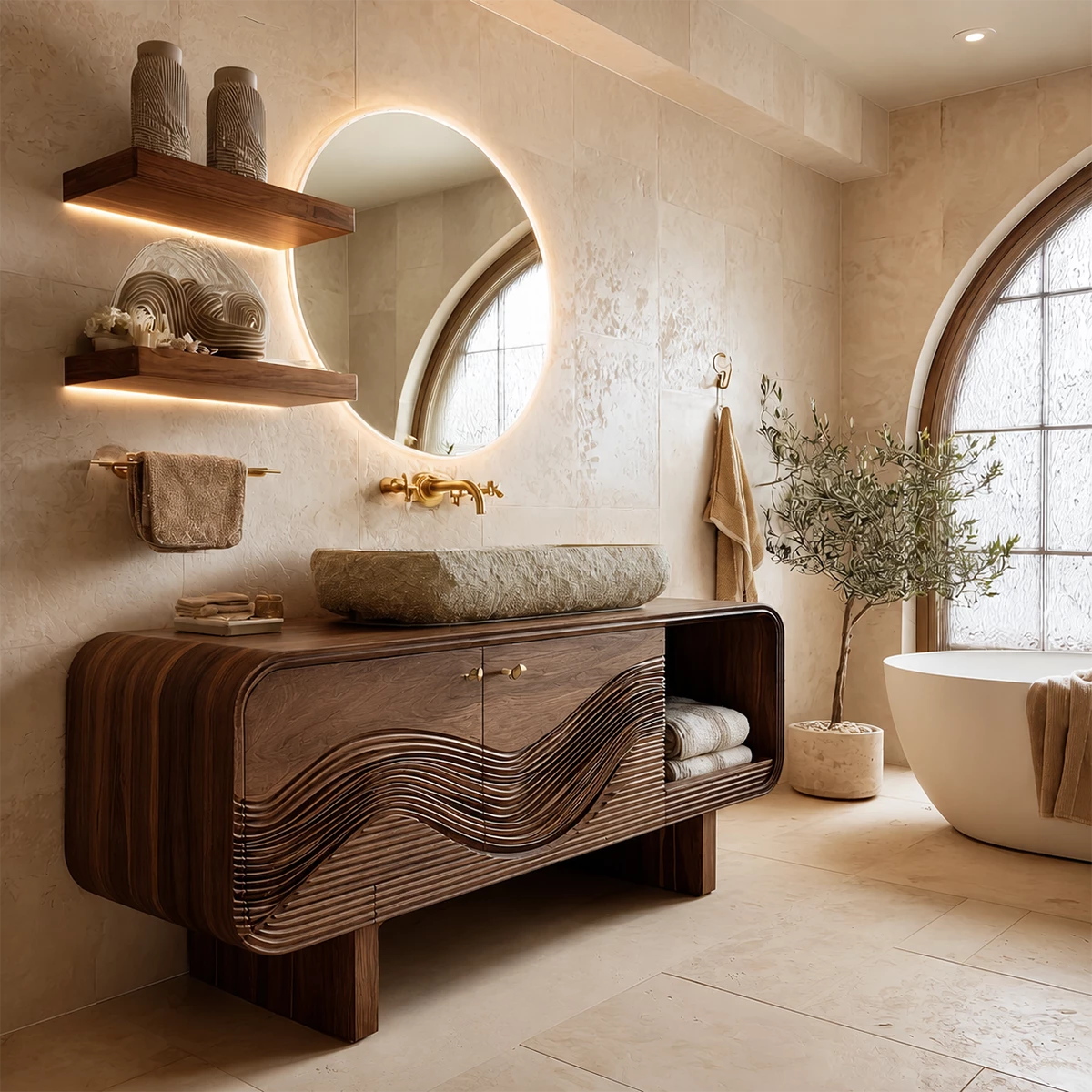 Bathroom Vanity with Sculptural Wave Cabinet in Natural Solid Wood - Elitegemse - 10