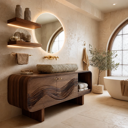 Bathroom Vanity with Sculptural Wave Cabinet in Natural Solid Wood - Elitegemse - 10