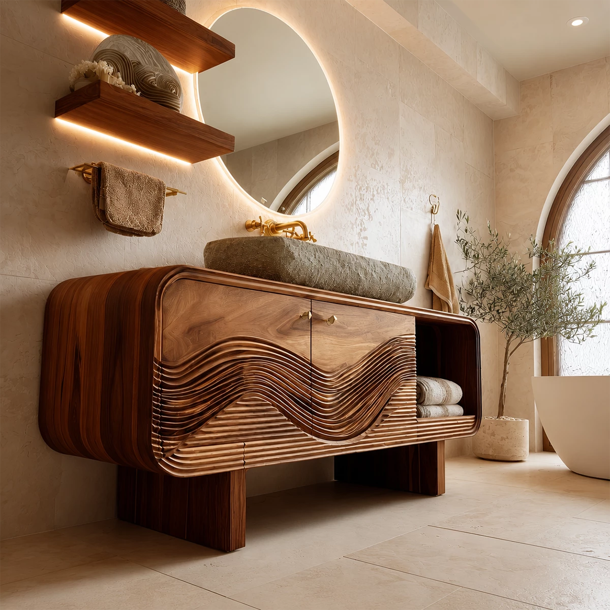 Bathroom Vanity with Sculptural Wave Cabinet in Natural Solid Wood - Elitegemse - 2