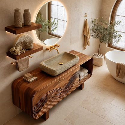 Bathroom Vanity with Sculptural Wave Cabinet in Natural Solid Wood - Elitegemse - 3