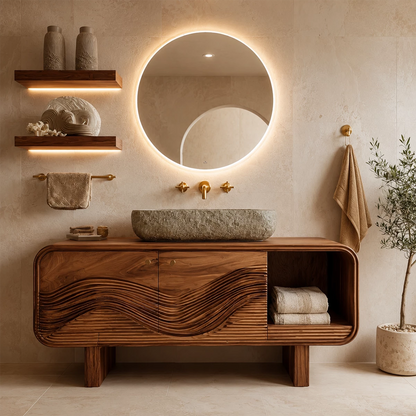Bathroom Vanity with Sculptural Wave Cabinet in Natural Solid Wood - Elitegemse - 4