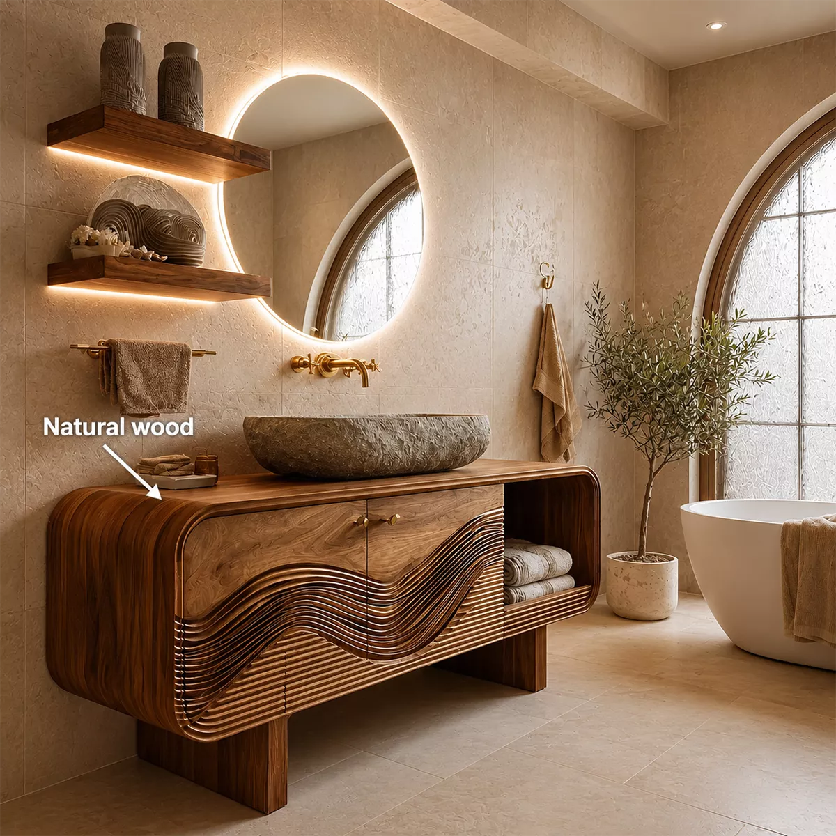 Bathroom Vanity with Sculptural Wave Cabinet in Natural Solid Wood - Elitegemse - 5