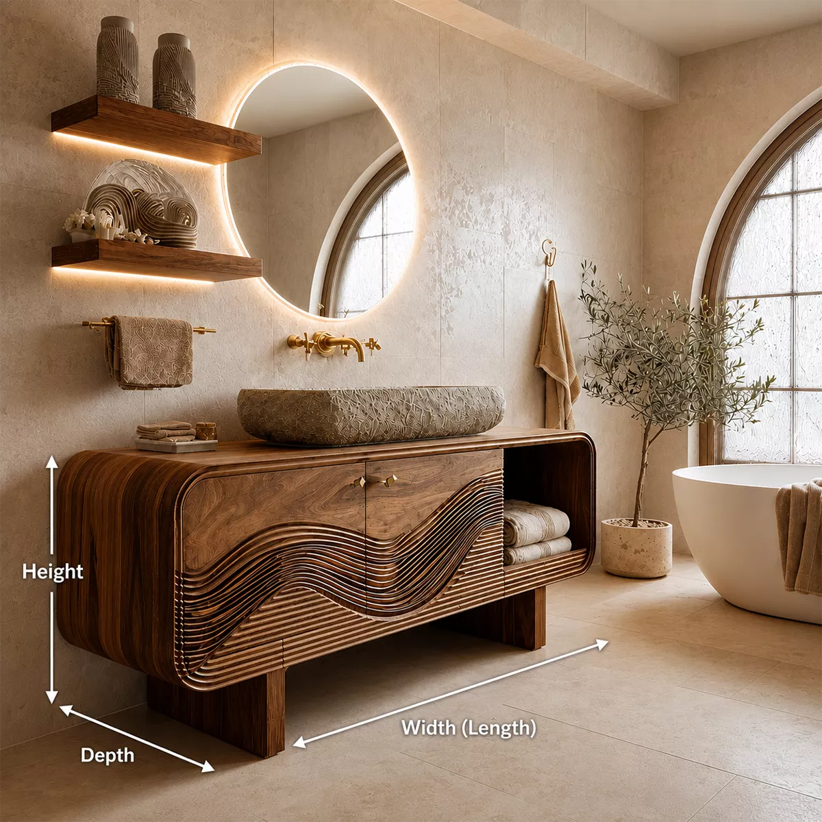 Bathroom Vanity with Sculptural Wave Cabinet in Natural Solid Wood - Elitegemse - 6