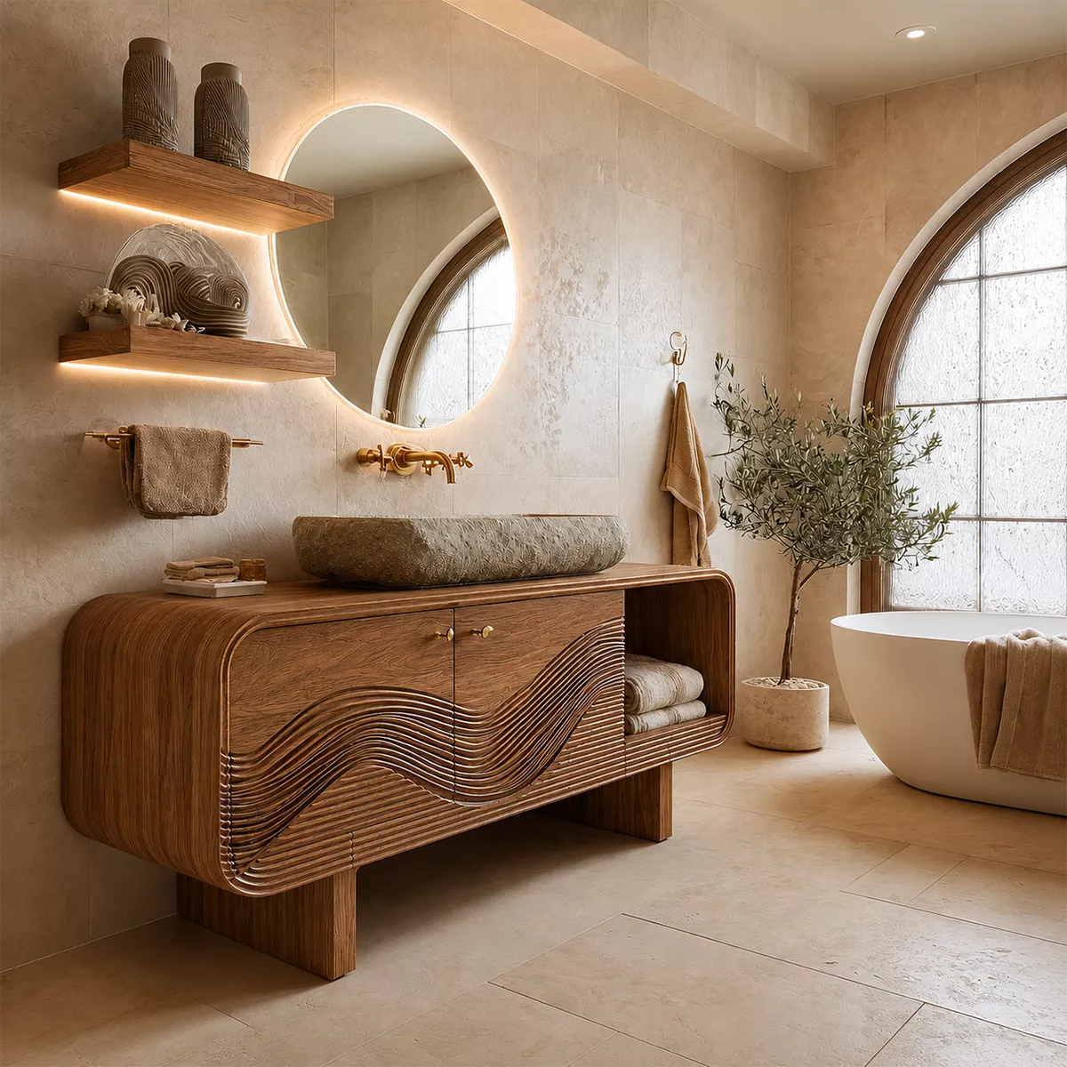 Bathroom Vanity with Sculptural Wave Cabinet in Natural Solid Wood - Elitegemse - 7
