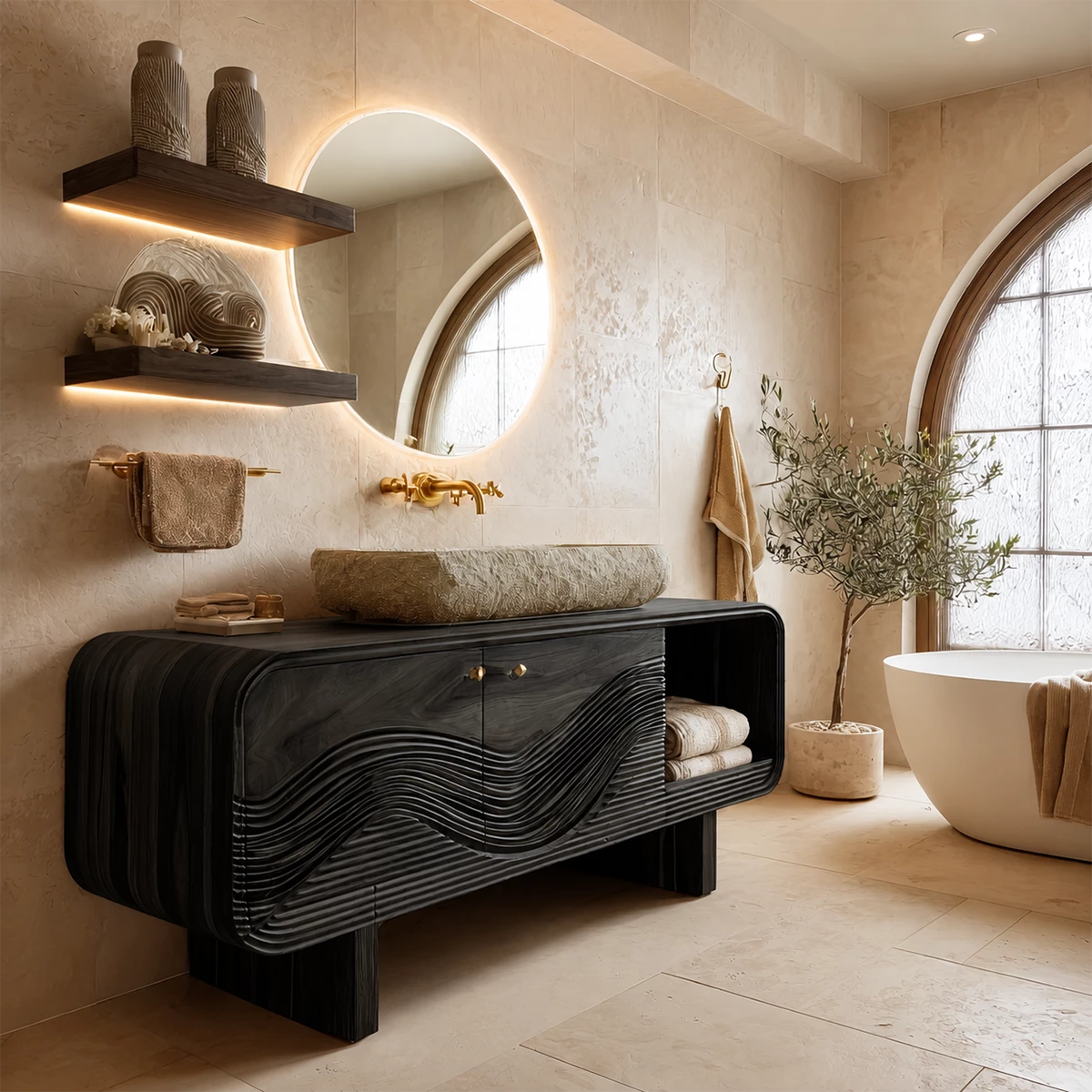 Bathroom Vanity with Sculptural Wave Cabinet in Natural Solid Wood - Elitegemse - 8
