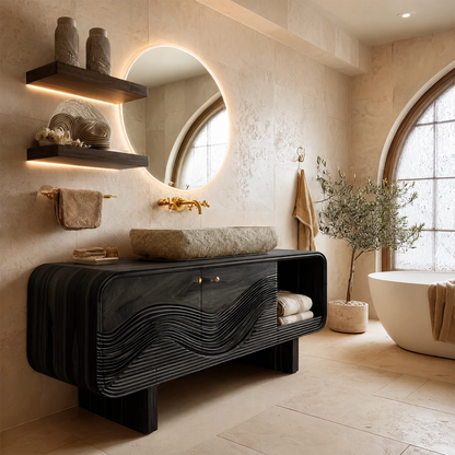 Bathroom Vanity with Sculptural Wave Cabinet in Natural Solid Wood - Elitegemse - 8