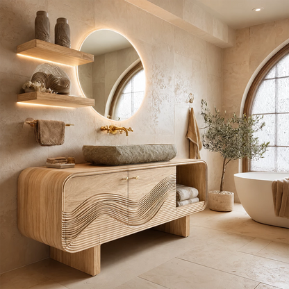 Bathroom Vanity with Sculptural Wave Cabinet in Natural Solid Wood - Elitegemse - 9
