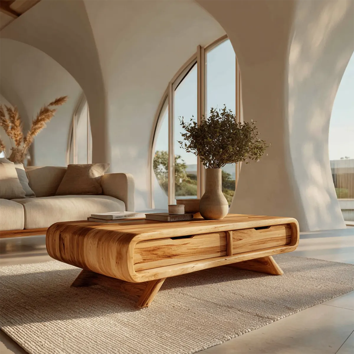 Curved Drawer Storage Coffee Table in Natural Solid Wood - Elitegemse