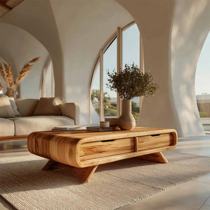 Curved Drawer Storage Coffee Table in Natural Solid Wood - Elitegemse