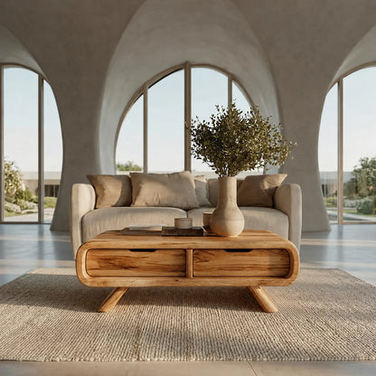 Curved Drawer Storage Coffee Table in Natural Solid Wood - Elitegemse - View 10
