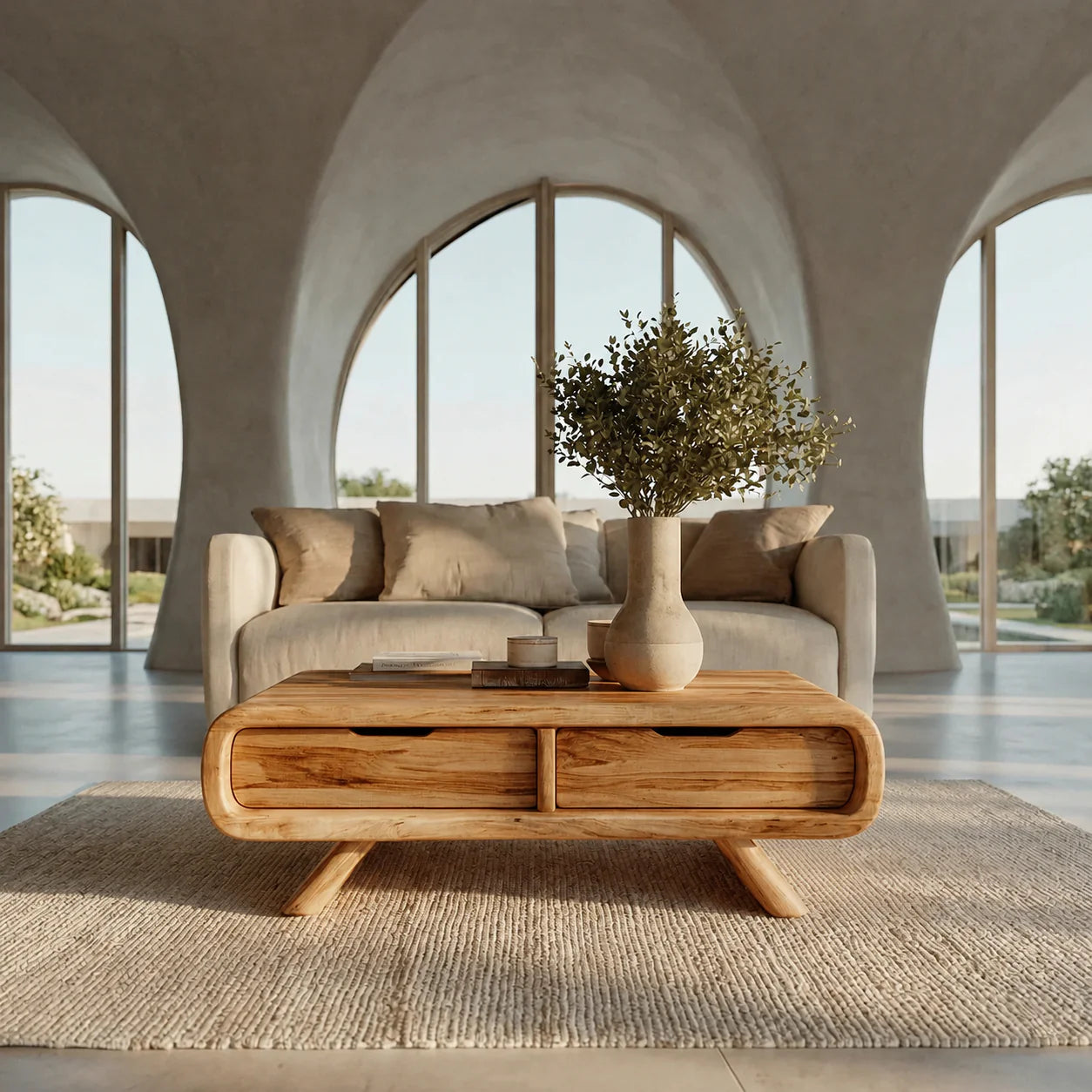Curved Drawer Storage Coffee Table in Natural Solid Wood - Elitegemse - View 11