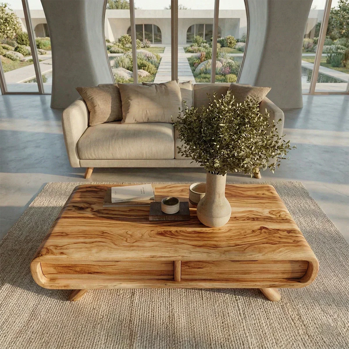 Curved Drawer Storage Coffee Table in Natural Solid Wood - Elitegemse - View 2
