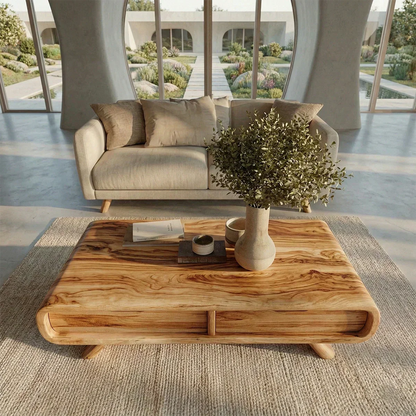 Curved Drawer Storage Coffee Table in Natural Solid Wood - Elitegemse - View 2