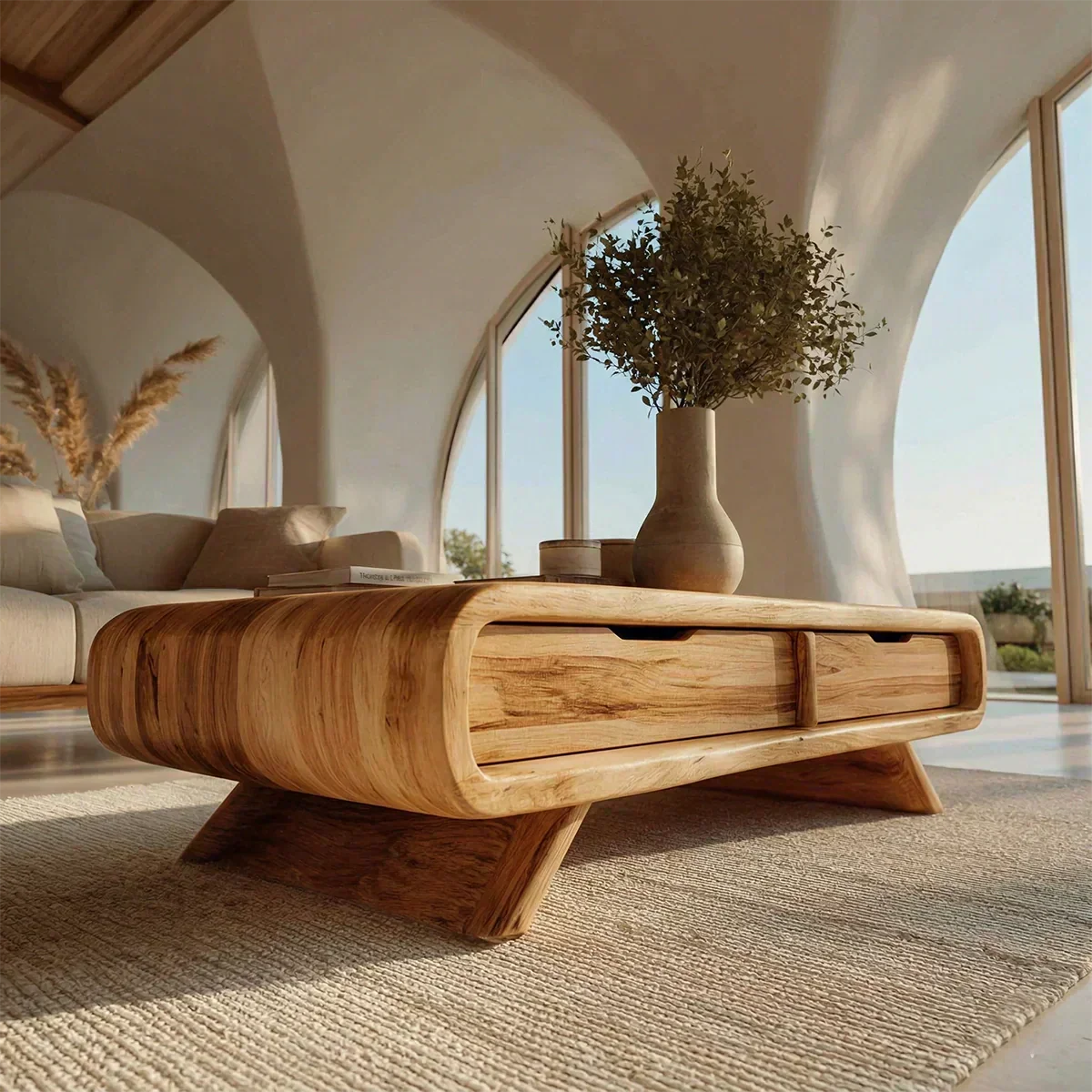 Curved Drawer Storage Coffee Table in Natural Solid Wood - Elitegemse - View 3