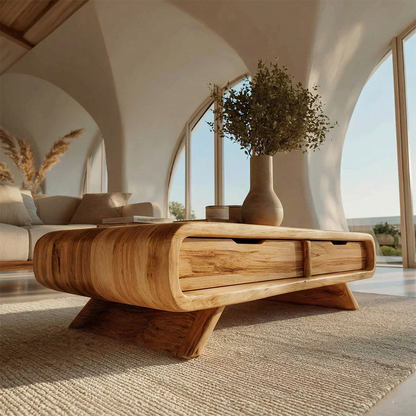 Curved Drawer Storage Coffee Table in Natural Solid Wood - Elitegemse - View 3
