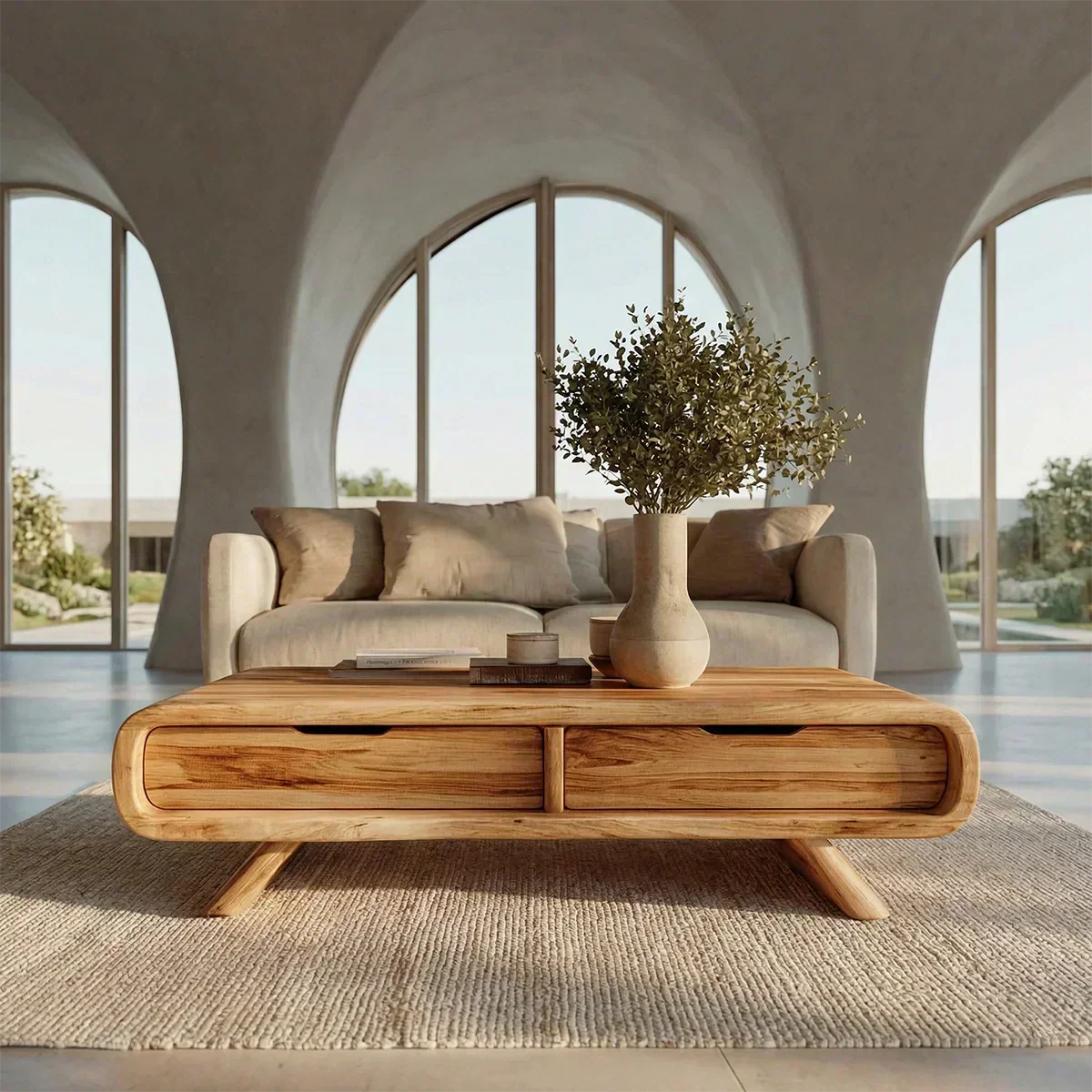 Curved Drawer Storage Coffee Table in Natural Solid Wood - Elitegemse - View 4