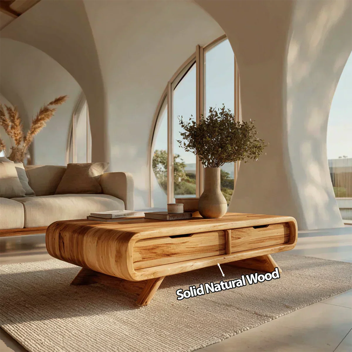 Curved Drawer Storage Coffee Table in Natural Solid Wood - Elitegemse - View 5