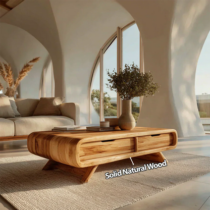 Curved Drawer Storage Coffee Table in Natural Solid Wood - Elitegemse - View 5