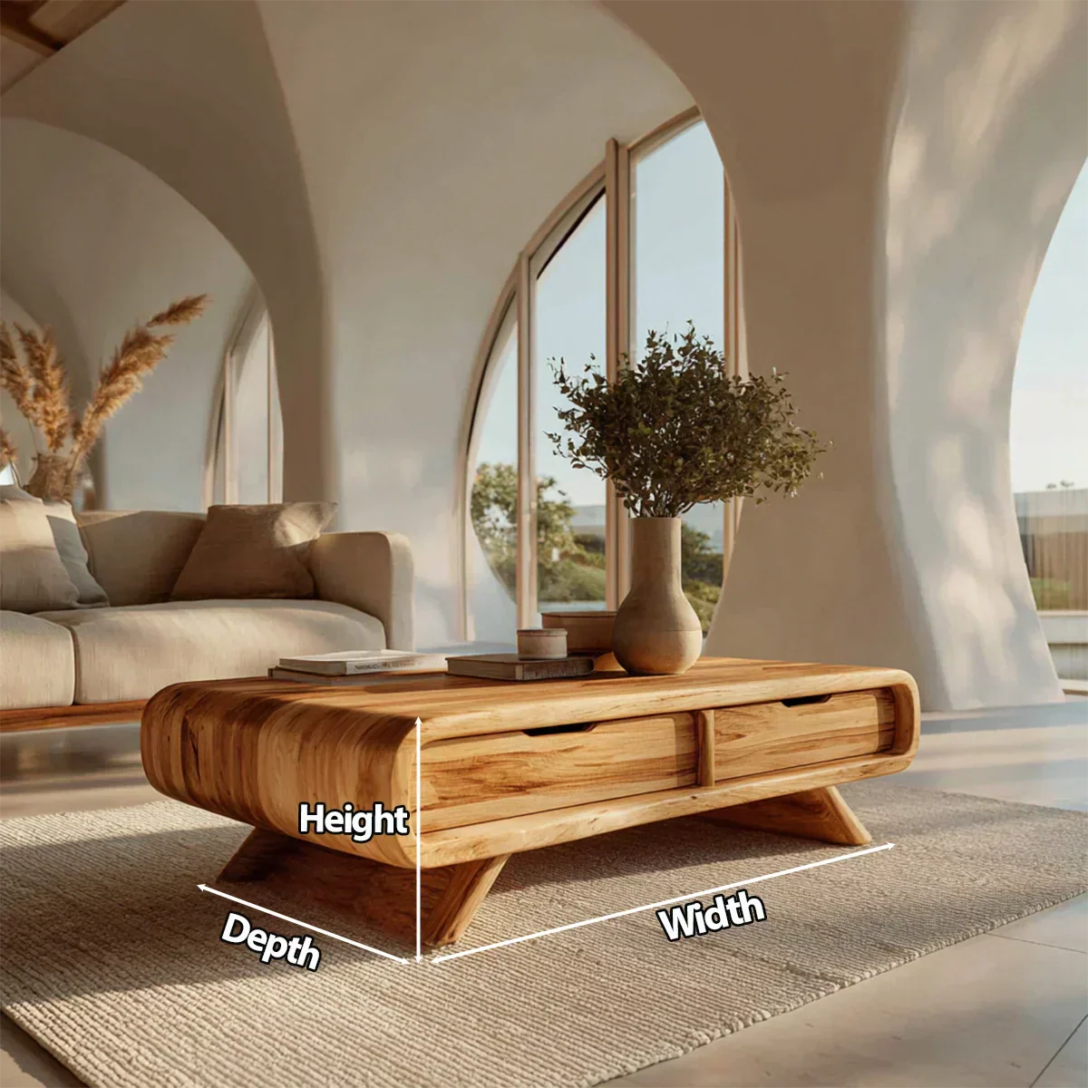 Curved Drawer Storage Coffee Table in Natural Solid Wood - Elitegemse - View 6