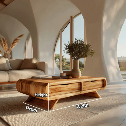 Curved Drawer Storage Coffee Table in Natural Solid Wood - Elitegemse - View 6