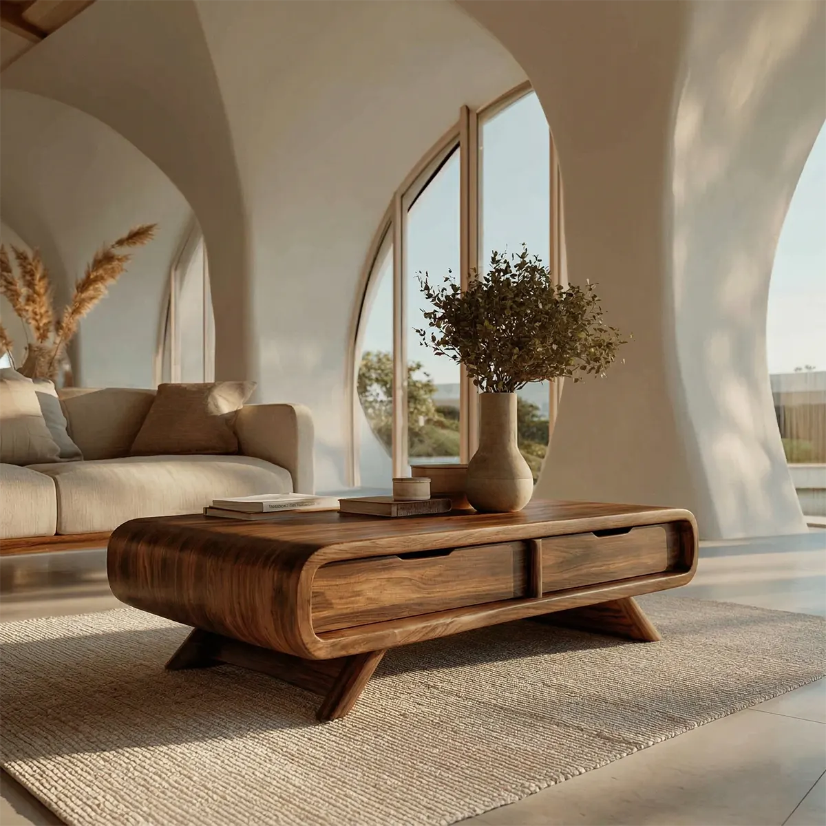 Curved Drawer Storage Coffee Table in Natural Solid Wood - Elitegemse - View 7