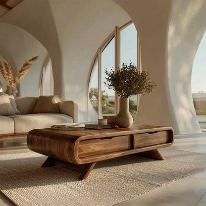 Curved Drawer Storage Coffee Table in Natural Solid Wood - Elitegemse - View 7