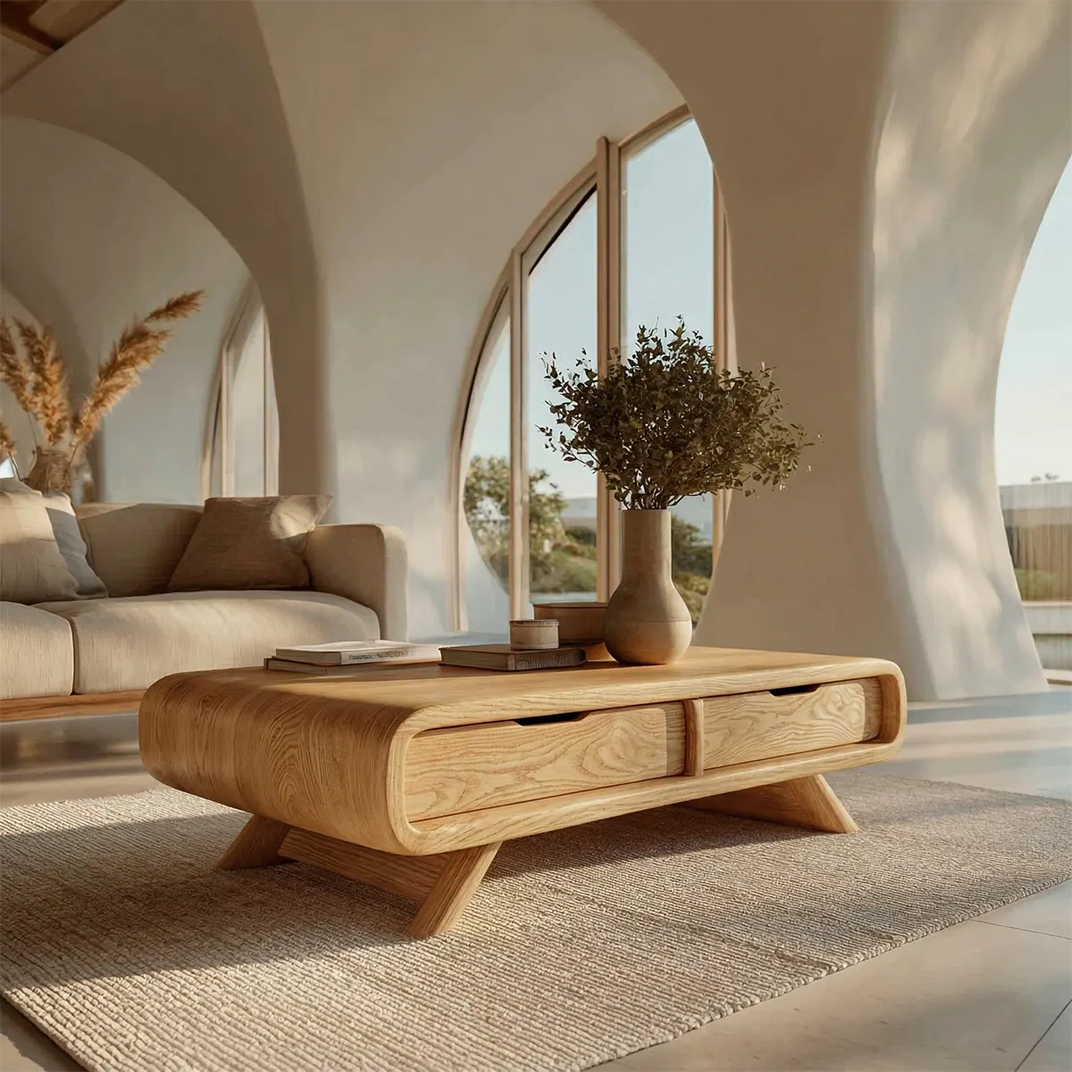 Curved Drawer Storage Coffee Table in Natural Solid Wood - Elitegemse - View 8