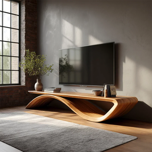 Curved TV stand with wave design and natural wood finish for modern minimalist living room