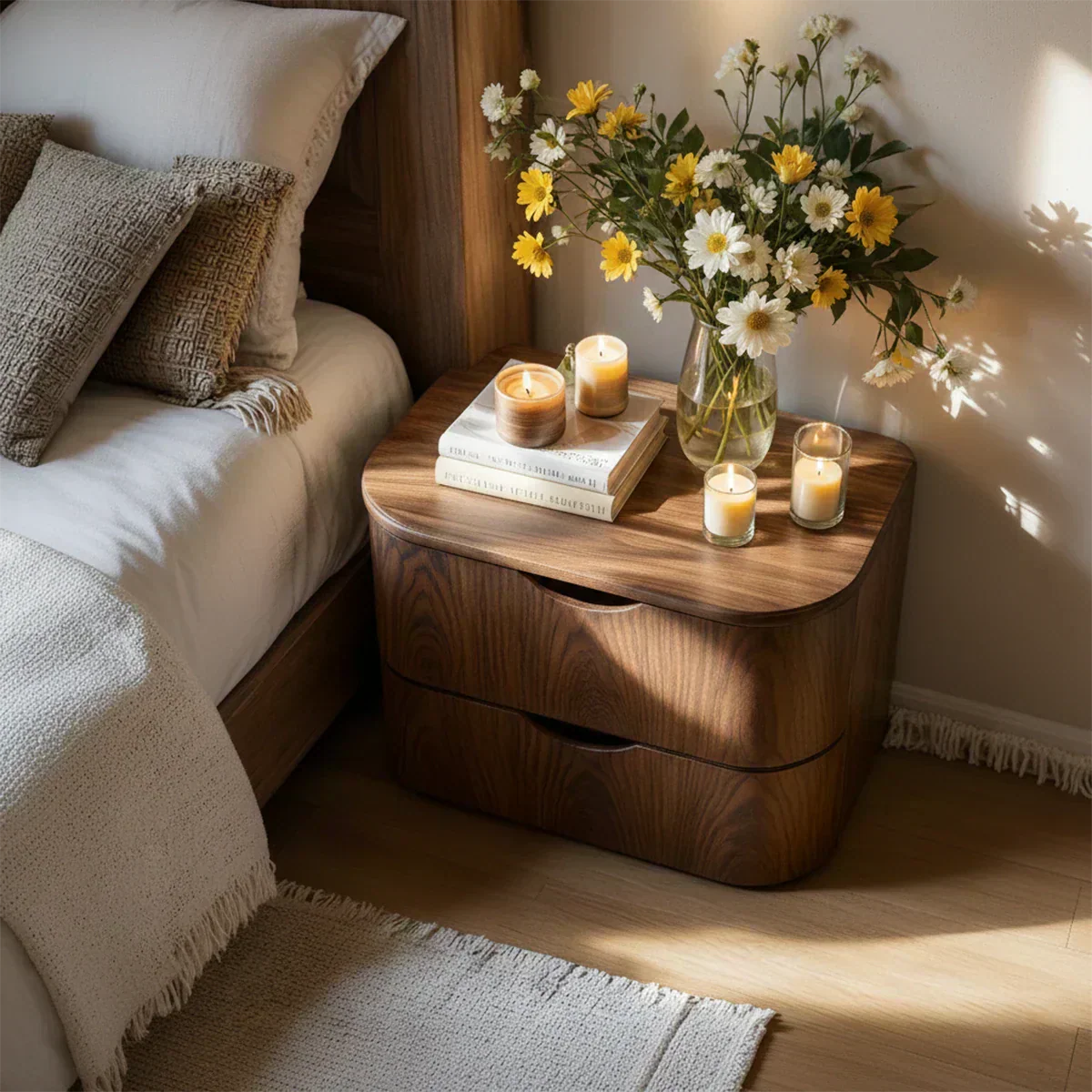 Curved Solid Wood Nightstand – Two-Drawer Minimalist Design - Elitegemse - View 3