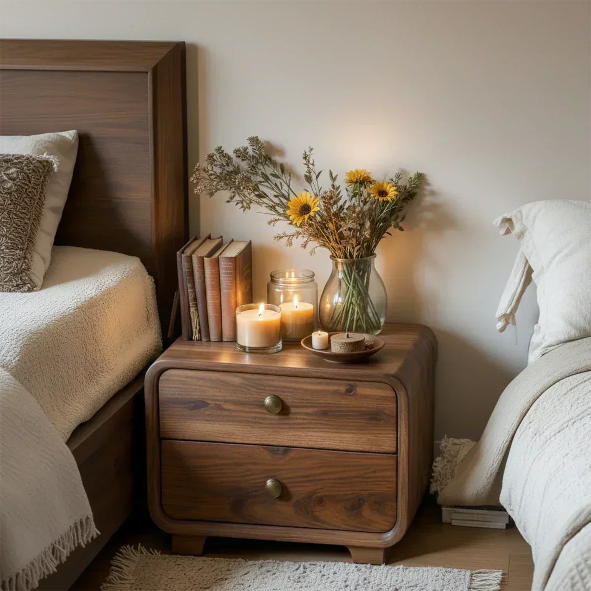 Curved Solid Wood Nightstand with Two Drawers - Elitegemse - View 2