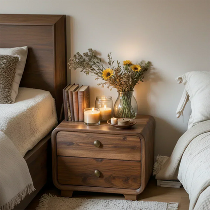 Curved Solid Wood Nightstand with Two Drawers - Elitegemse - View 2