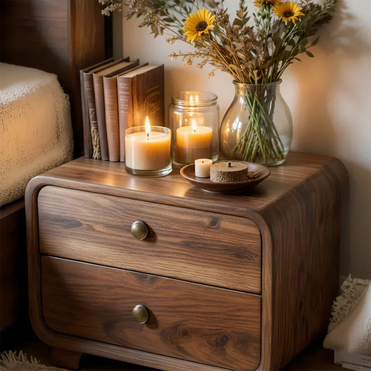 Curved Solid Wood Nightstand with Two Drawers - Elitegemse - View 3