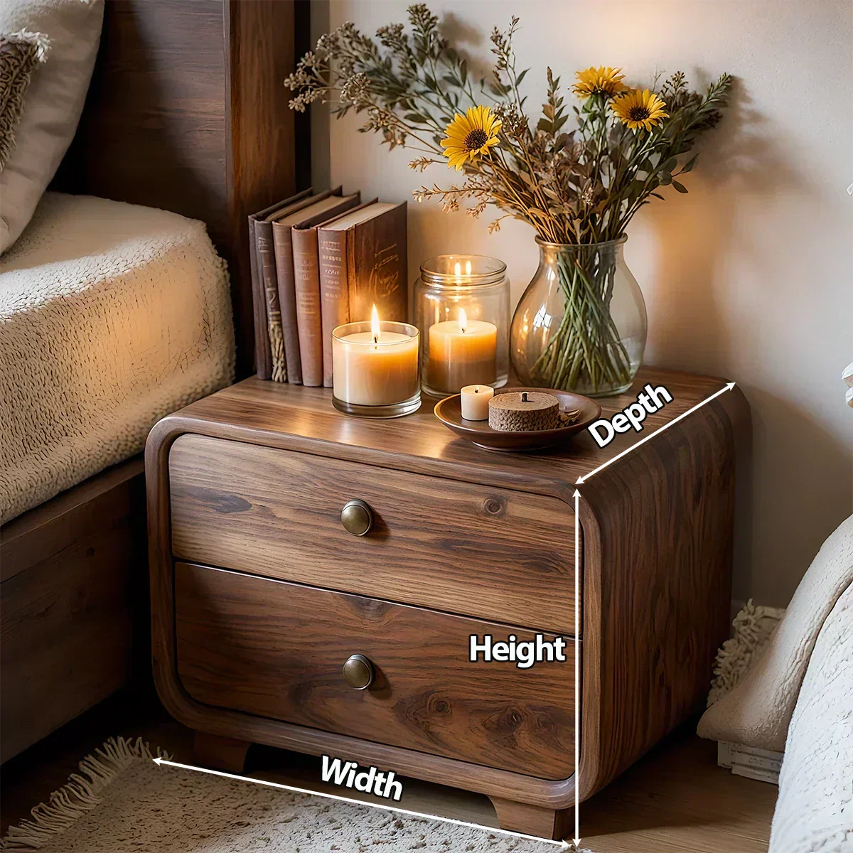 Curved Solid Wood Nightstand with Two Drawers - Elitegemse - View 5
