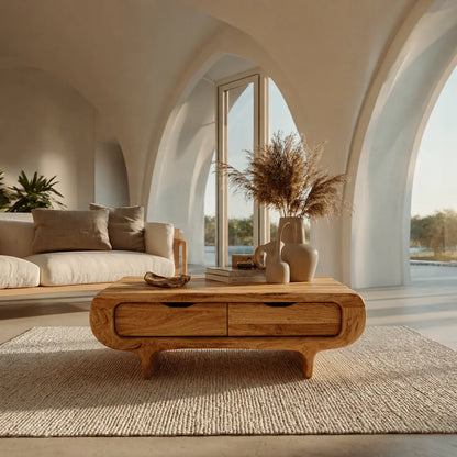 Farmhouse Drawer Coffee Table in Natural Solid Wood - Elitegemse - View 10