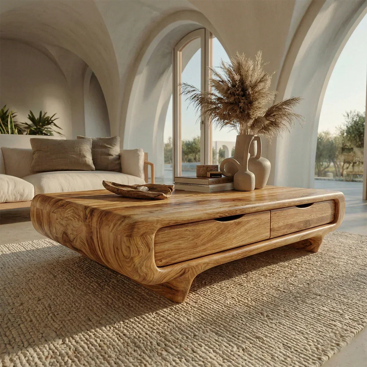 Farmhouse Drawer Coffee Table in Natural Solid Wood - Elitegemse - View 2
